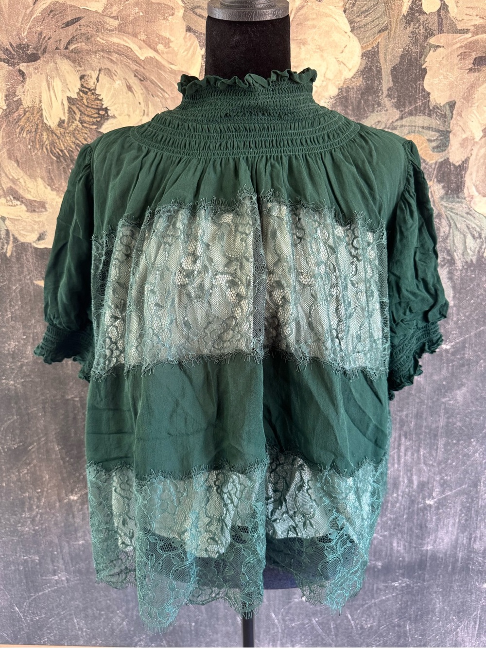 Anthropologie Deep Green Lace-Panel Smocked Neck Blouse
